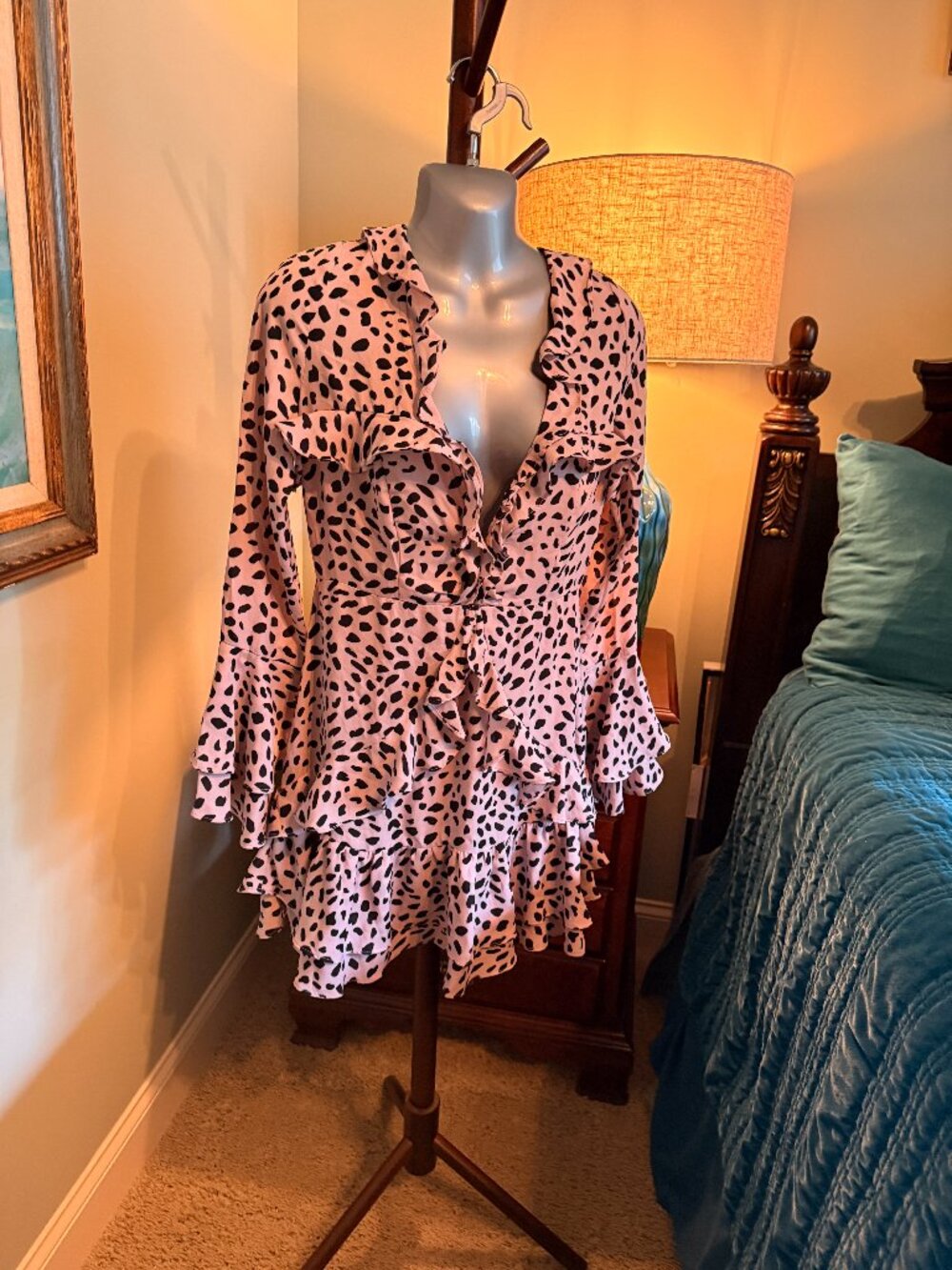 ✨ Signature 8 Pink Dalmatian Print Ruffled Open-Back Mini Dress ✨
